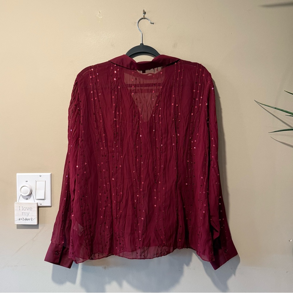 Reitmans Burgundy Sheer Sparkly Top with Ruffles & Sequin Embellishment - Picture 11 of 13